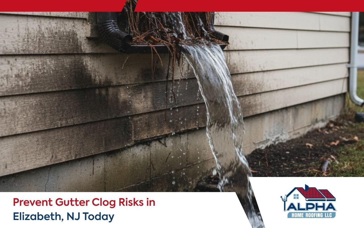 Homeowner inspecting gutters to prevent gutter clog risks in Elizabeth, NJ