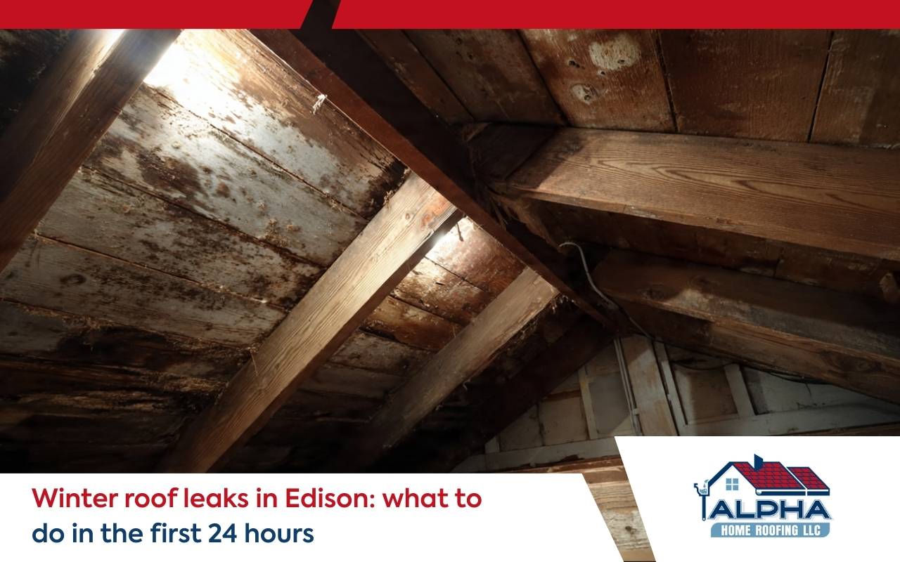 attic damage caused by a roof leak emergency in Edison during winter