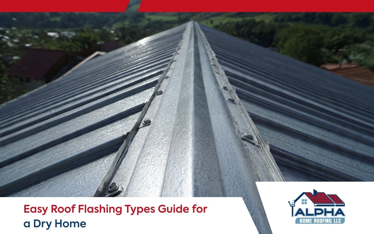 Roof flashing types guide showing valley flashing channeling water between two roof slopes