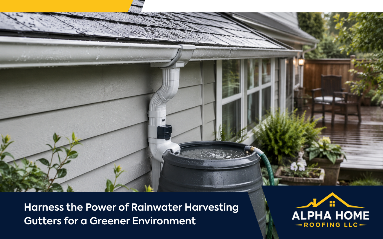Rainwater harvesting gutters collecting roof runoff for outdoor use