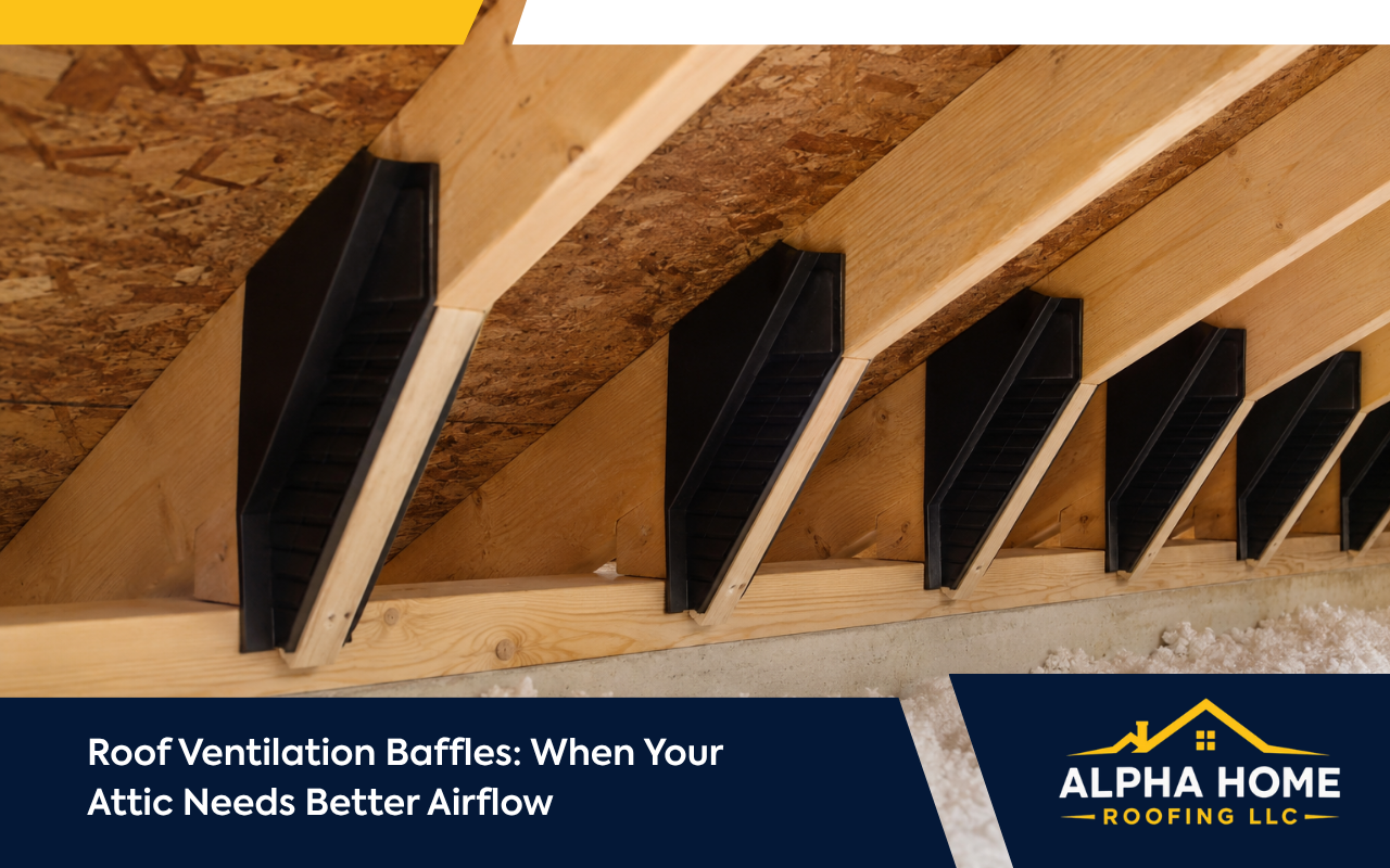 Roof ventilation baffles creating clear airflow paths inside an attic