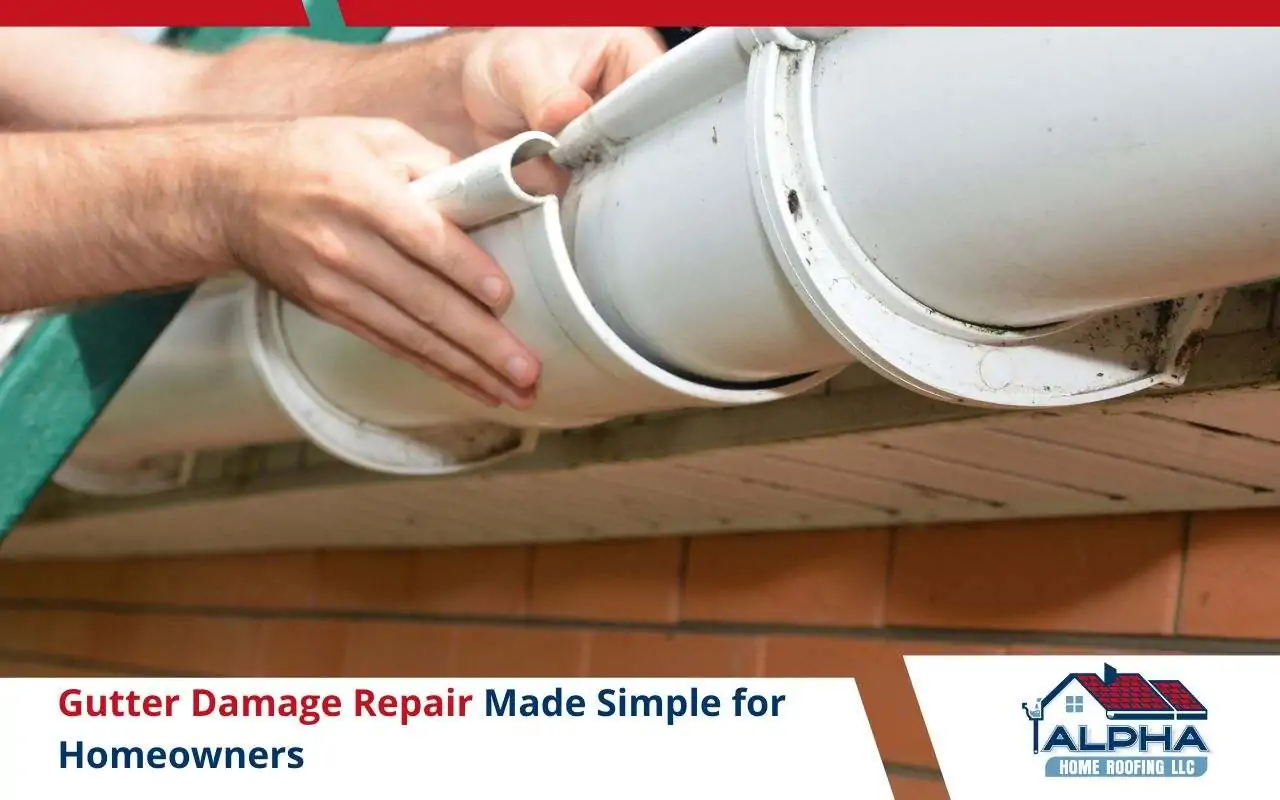 Technician repairing damaged gutter on a residential roof in NJ