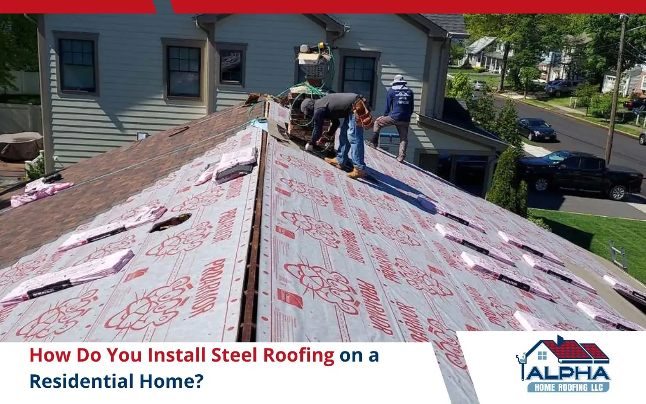 1. Roofing crew installing steel roof panels on a New Jersey home