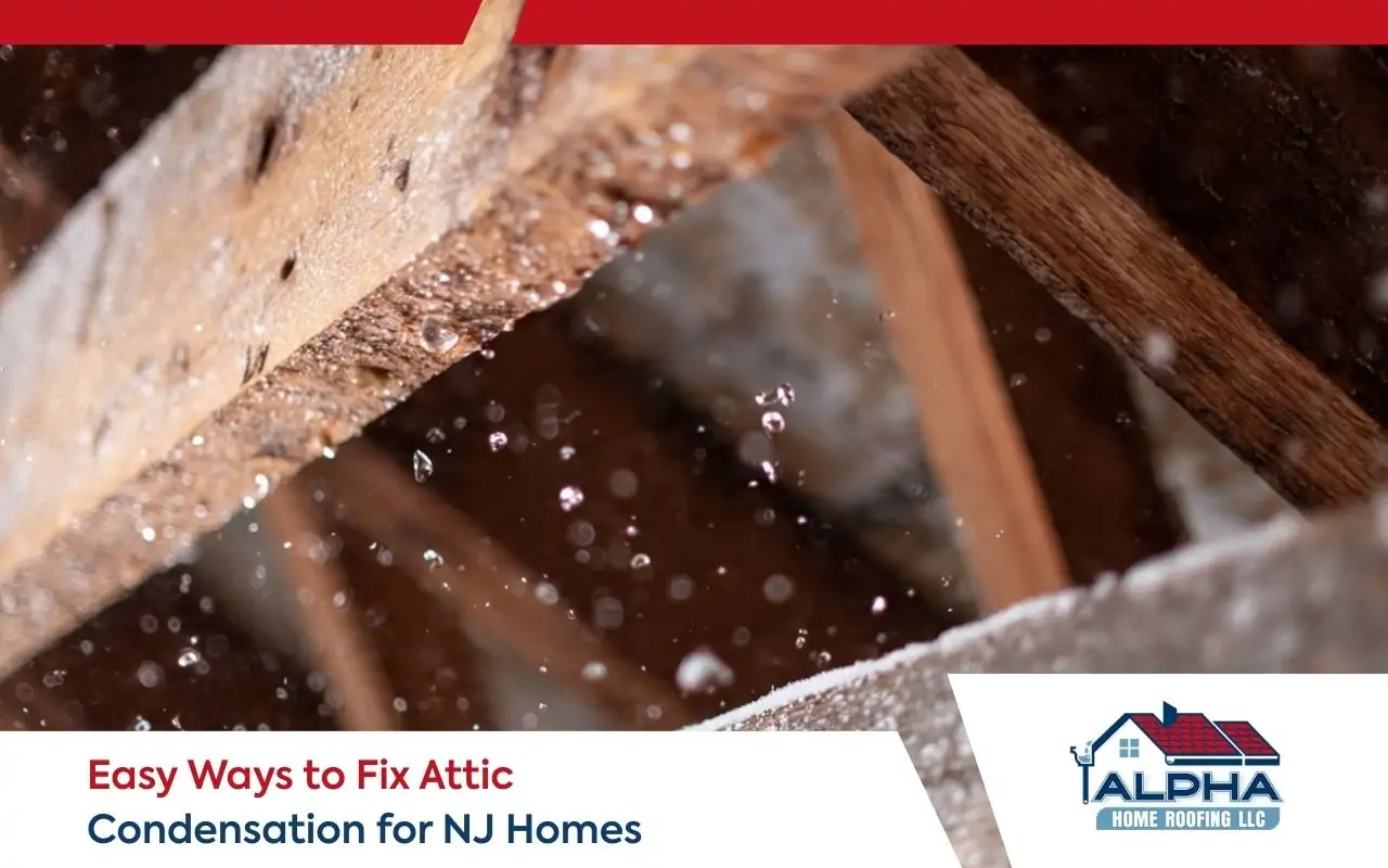 Attic condensation solutions for NJ showing water droplets on rafters in winter