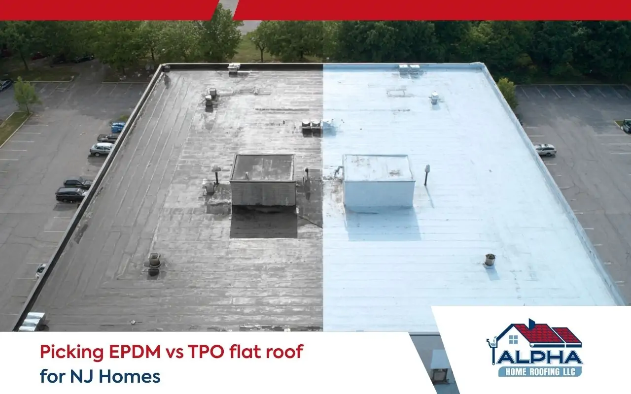Side-by-side EPDM vs TPO flat roof for NJ showing color, surface, and typical membrane layout