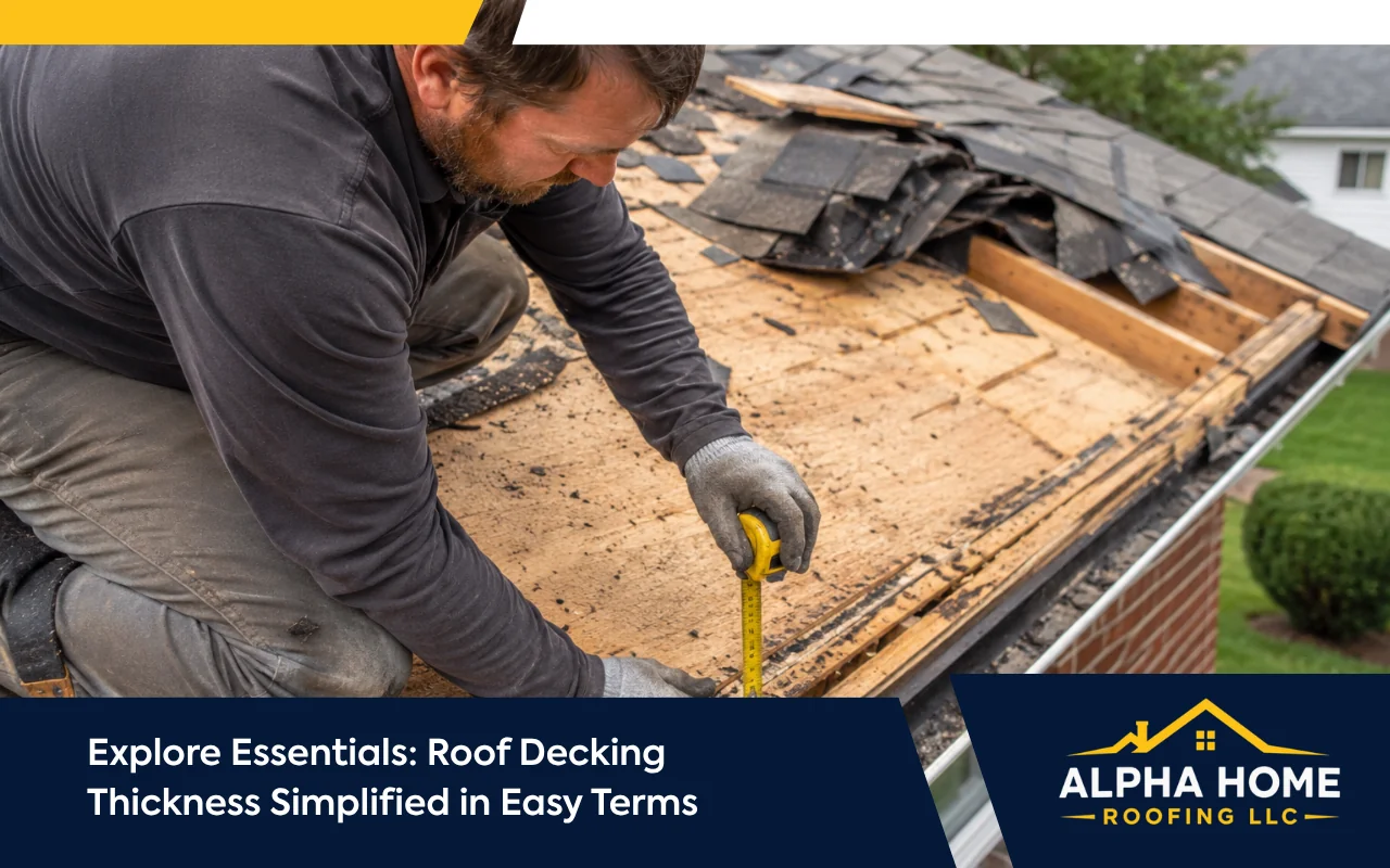 Contractor inspecting roof decking thickness during a roof replacement